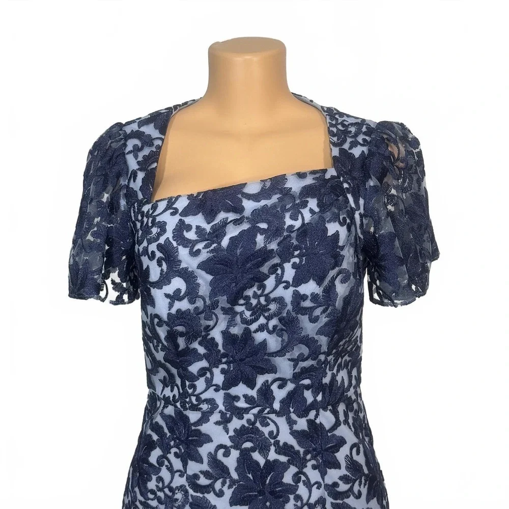 JS Collections Navy Lace Overlay Square Neck‎ Dress Short Flutter Sleeves Size 4